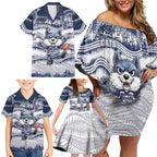 Custom Geelong Navy Family Matching Off Shoulder Short Dress and Hawaiian Shirt Playful Cat Kicking Ball