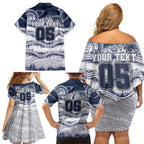 Custom Geelong Navy Family Matching Off Shoulder Short Dress and Hawaiian Shirt Playful Cat Kicking Ball