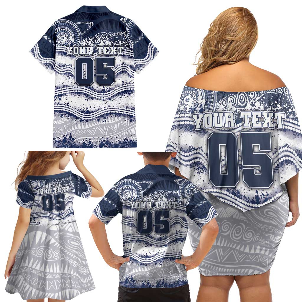 Custom Geelong Navy Family Matching Off Shoulder Short Dress and Hawaiian Shirt Playful Cat Kicking Ball