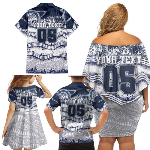 Custom Geelong Navy Family Matching Off Shoulder Short Dress and Hawaiian Shirt Playful Cat Kicking Ball