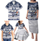 Custom Geelong Navy Family Matching Puletasi and Hawaiian Shirt Playful Cat Kicking Ball