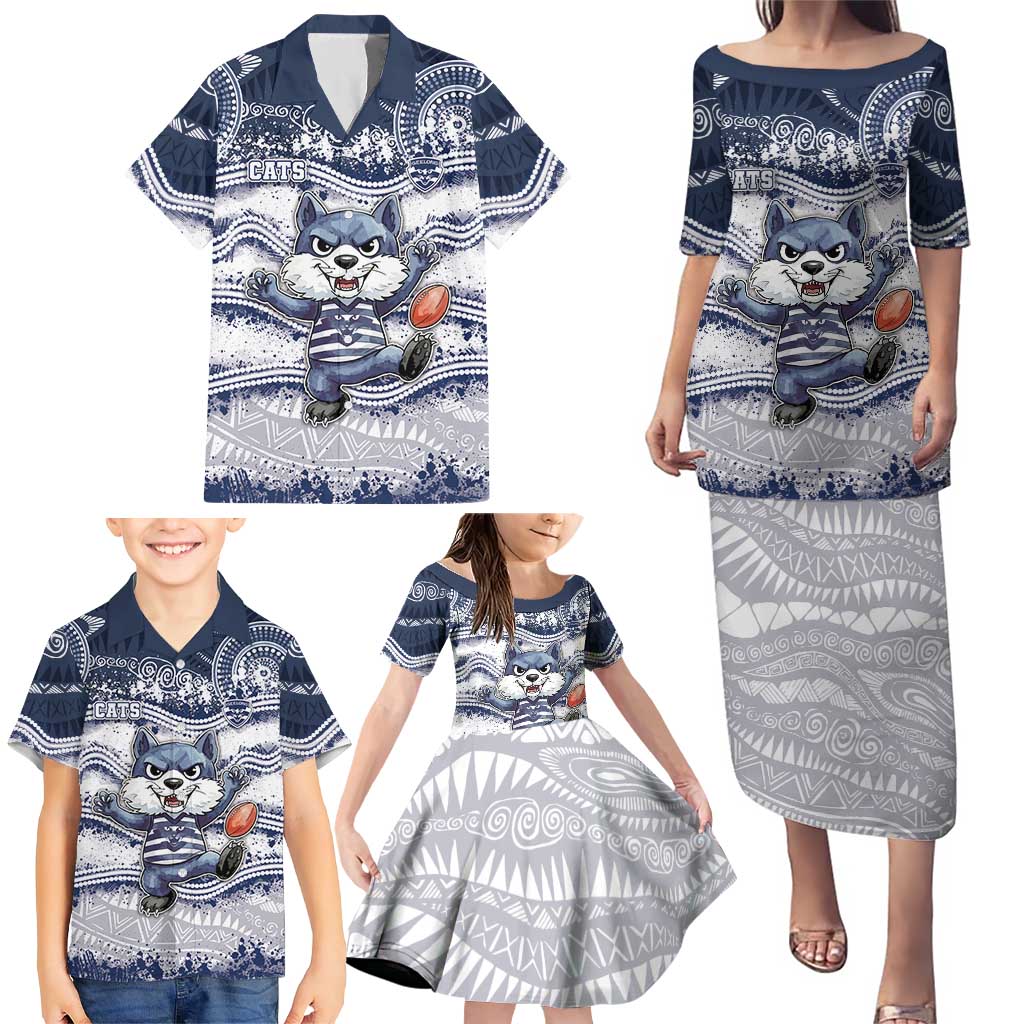 Custom Geelong Navy Family Matching Puletasi and Hawaiian Shirt Playful Cat Kicking Ball