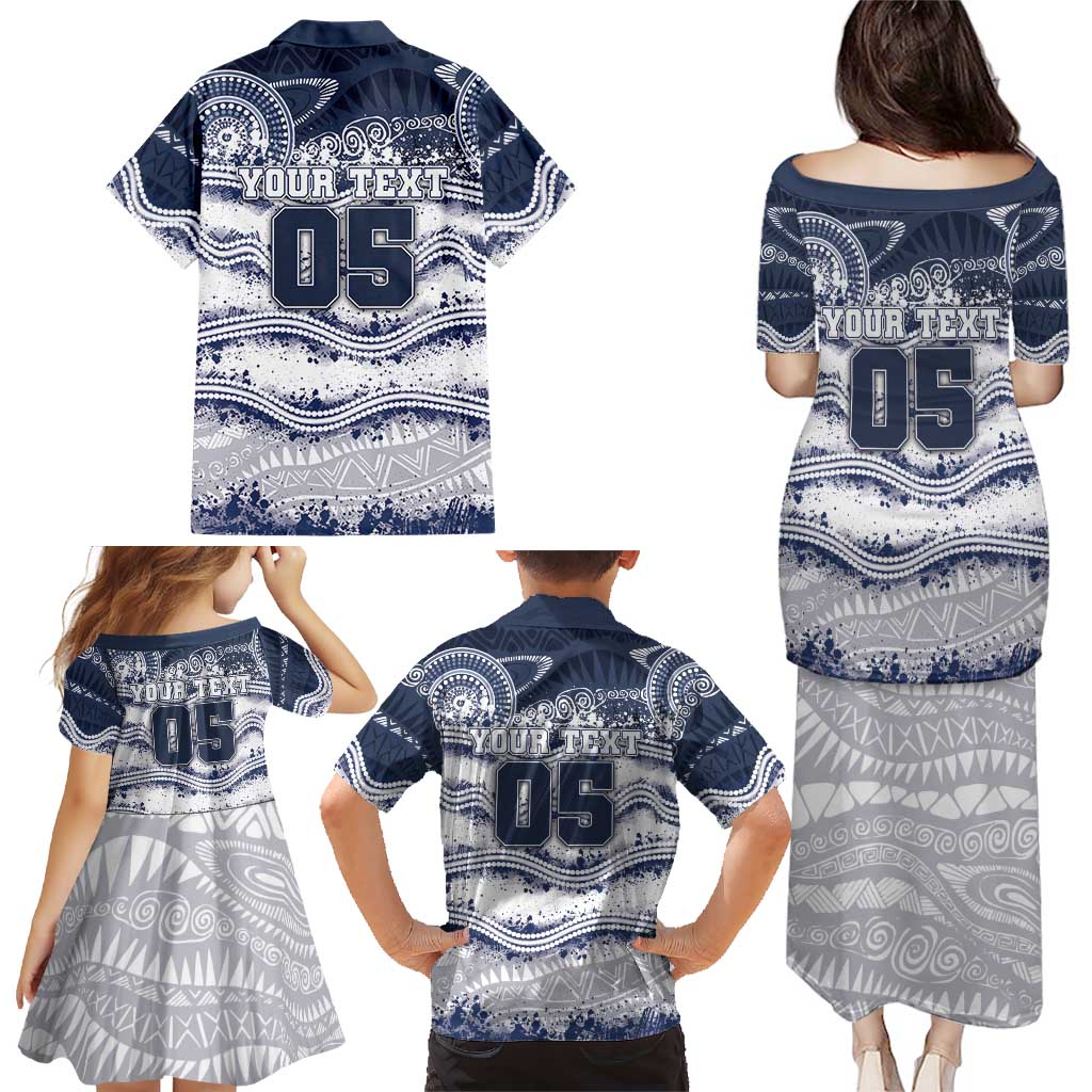 Custom Geelong Navy Family Matching Puletasi and Hawaiian Shirt Playful Cat Kicking Ball