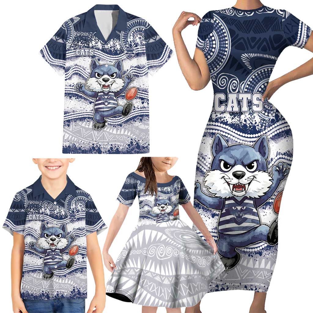 Custom Geelong Navy Family Matching Short Sleeve Bodycon Dress and Hawaiian Shirt Playful Cat Kicking Ball
