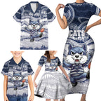 Custom Geelong Navy Family Matching Short Sleeve Bodycon Dress and Hawaiian Shirt Playful Cat Kicking Ball