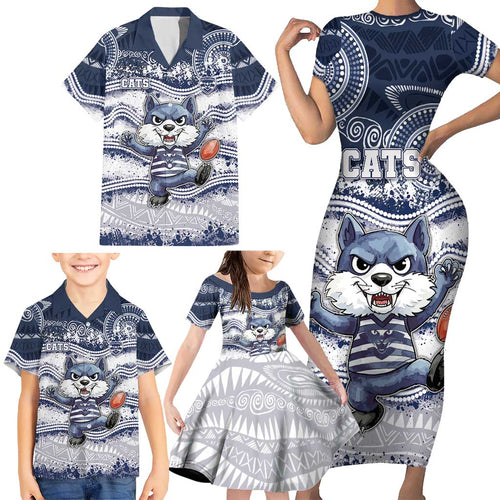 Custom Geelong Navy Family Matching Short Sleeve Bodycon Dress and Hawaiian Shirt Playful Cat Kicking Ball