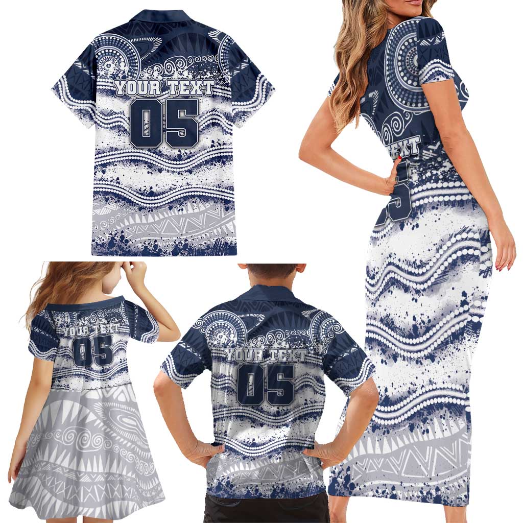Custom Geelong Navy Family Matching Short Sleeve Bodycon Dress and Hawaiian Shirt Playful Cat Kicking Ball