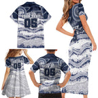 Custom Geelong Navy Family Matching Short Sleeve Bodycon Dress and Hawaiian Shirt Playful Cat Kicking Ball