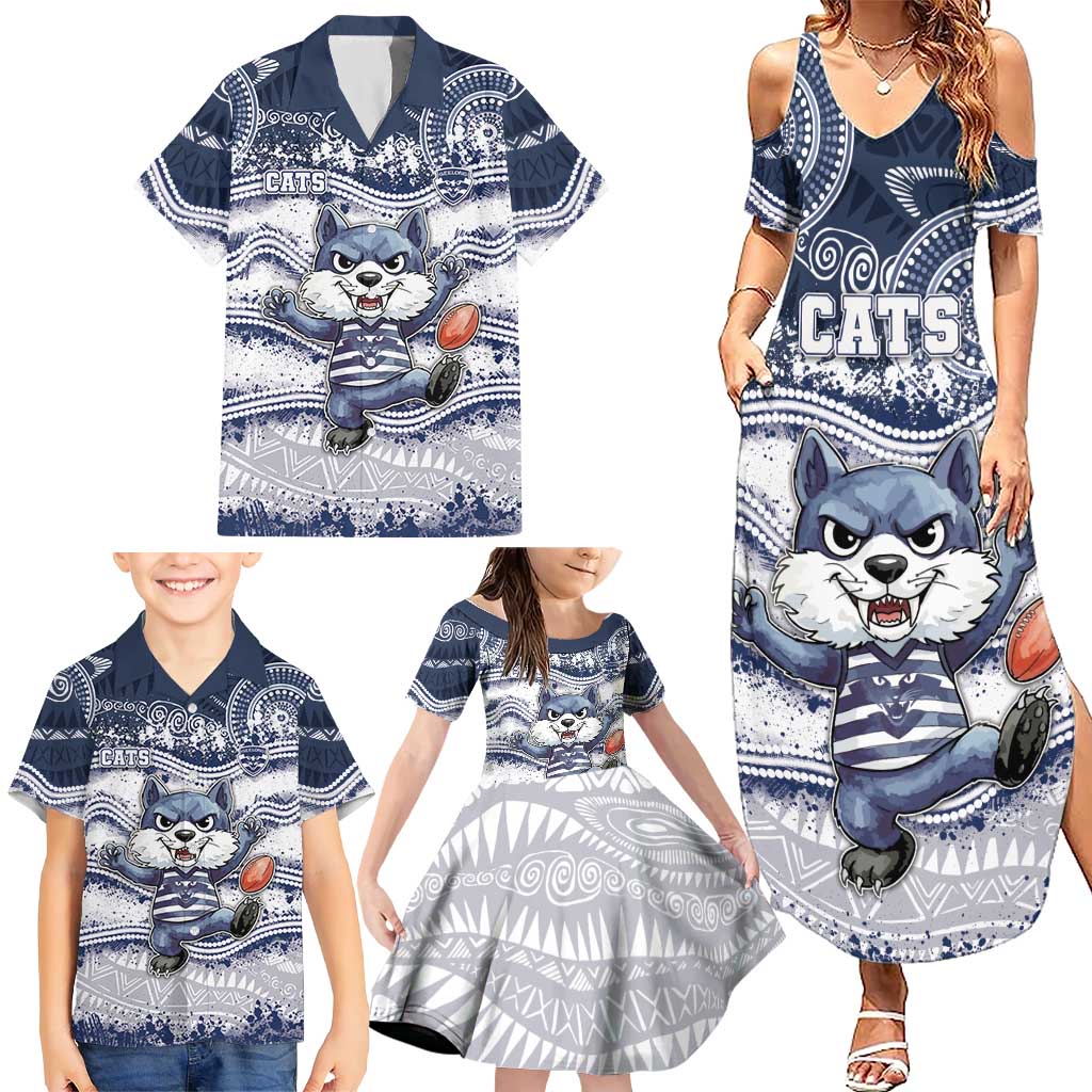 Custom Geelong Navy Family Matching Summer Maxi Dress and Hawaiian Shirt Playful Cat Kicking Ball