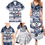 Custom Geelong Navy Family Matching Summer Maxi Dress and Hawaiian Shirt Playful Cat Kicking Ball
