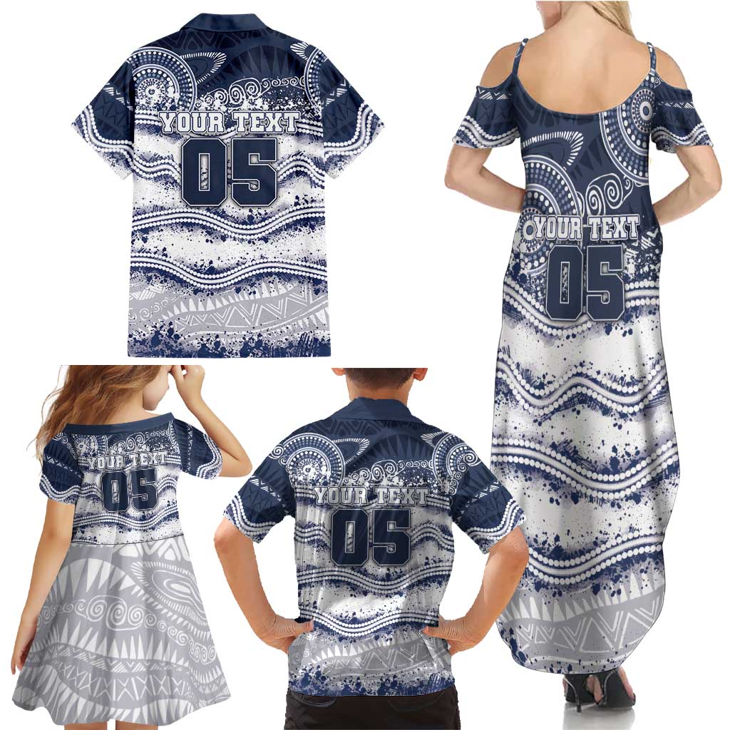 Custom Geelong Navy Family Matching Summer Maxi Dress and Hawaiian Shirt Playful Cat Kicking Ball