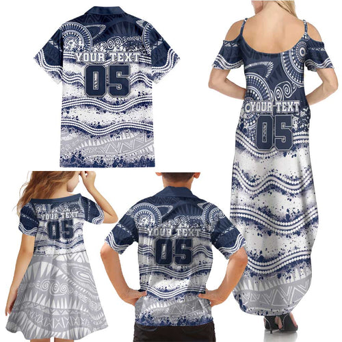 Custom Geelong Navy Family Matching Summer Maxi Dress and Hawaiian Shirt Playful Cat Kicking Ball