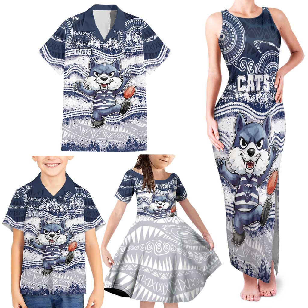 Custom Geelong Navy Family Matching Tank Maxi Dress and Hawaiian Shirt Playful Cat Kicking Ball