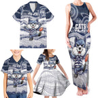 Custom Geelong Navy Family Matching Tank Maxi Dress and Hawaiian Shirt Playful Cat Kicking Ball