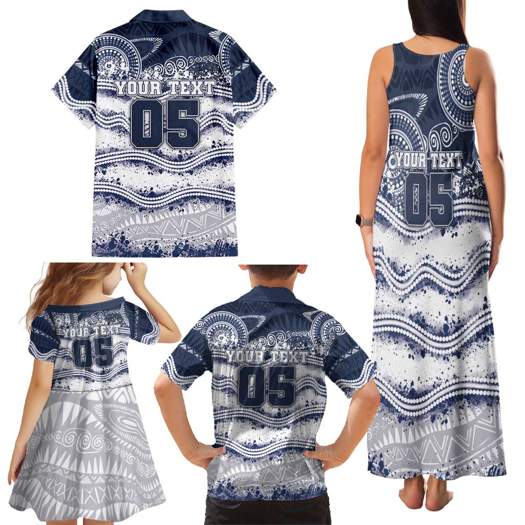 Custom Geelong Navy Family Matching Tank Maxi Dress and Hawaiian Shirt Playful Cat Kicking Ball