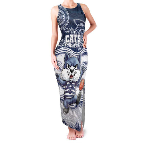 Custom Geelong Navy Family Matching Tank Maxi Dress and Hawaiian Shirt Playful Cat Kicking Ball