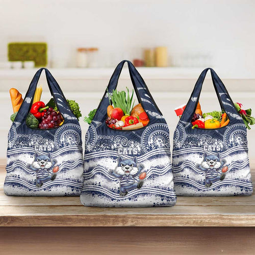 Geelong Navy Grocery Bag Playful Cat Kicking Ball
