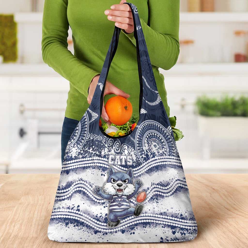 Geelong Navy Grocery Bag Playful Cat Kicking Ball