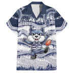 Custom Geelong Navy Hawaiian Shirt Playful Cat Kicking Ball