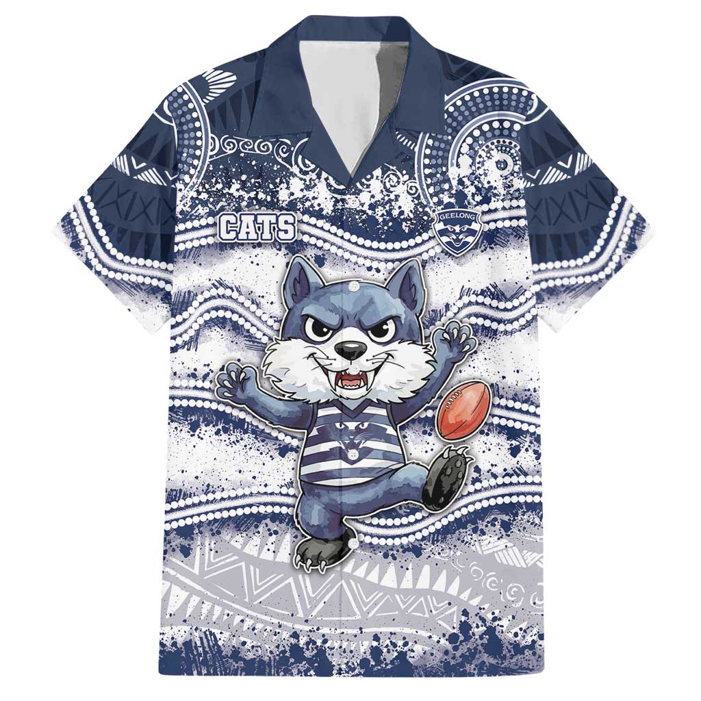 Custom Geelong Navy Hawaiian Shirt Playful Cat Kicking Ball