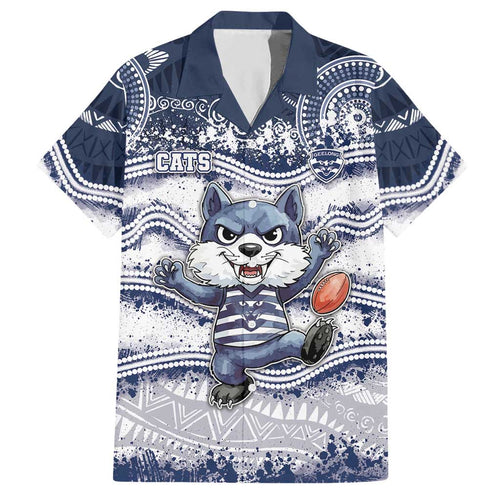 Custom Geelong Navy Hawaiian Shirt Playful Cat Kicking Ball