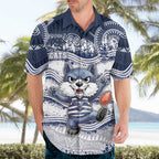Custom Geelong Navy Hawaiian Shirt Playful Cat Kicking Ball