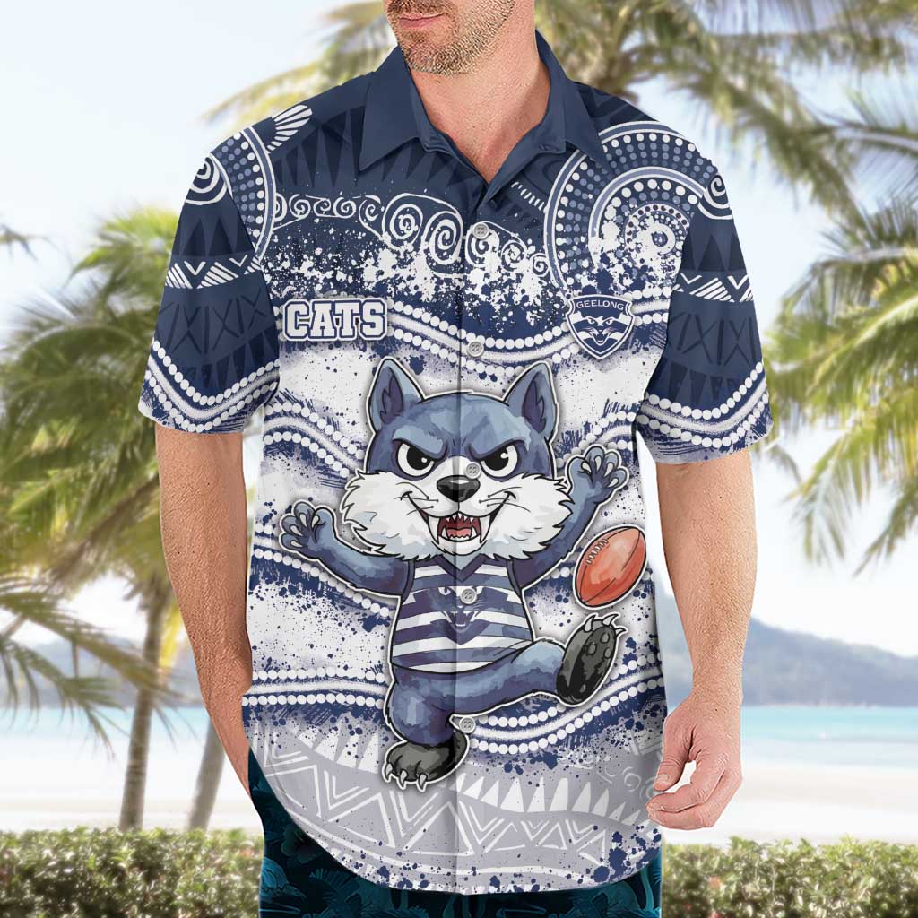 Custom Geelong Navy Hawaiian Shirt Playful Cat Kicking Ball