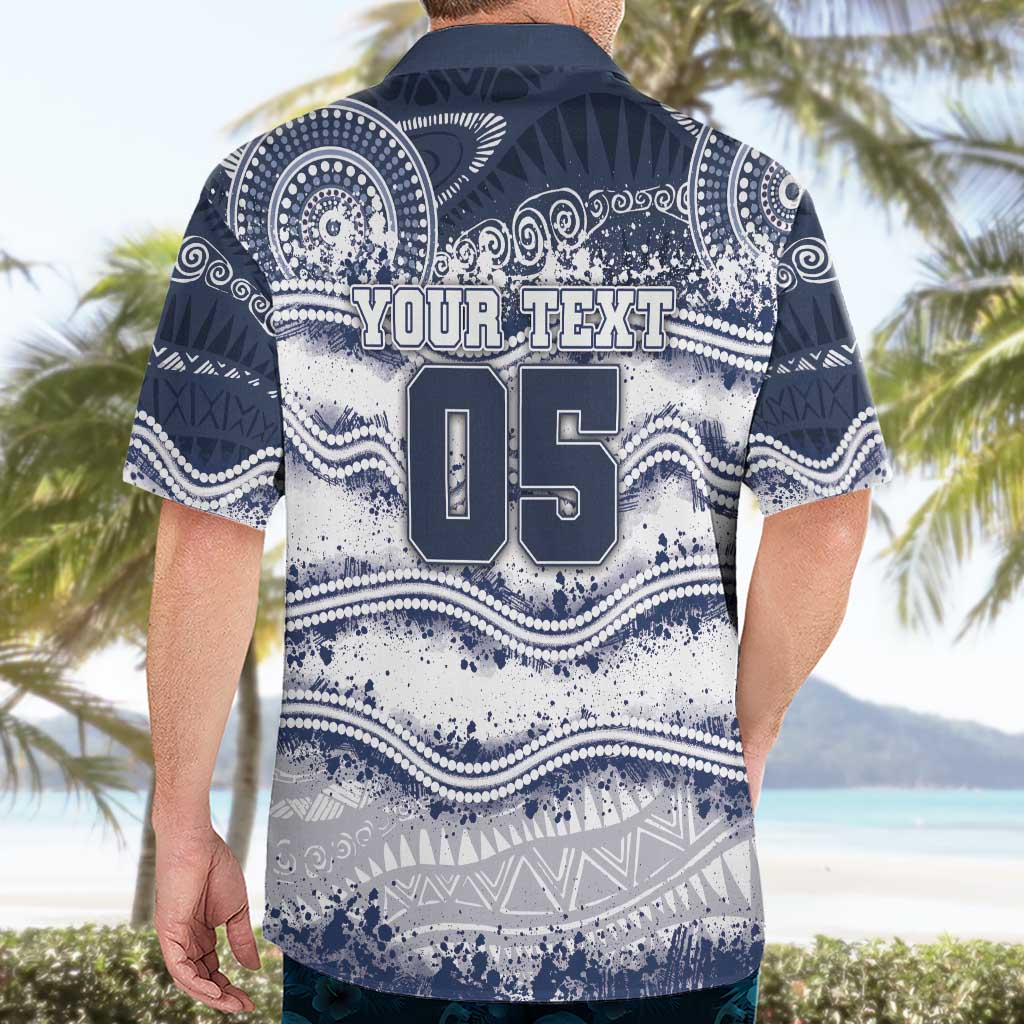 Custom Geelong Navy Hawaiian Shirt Playful Cat Kicking Ball