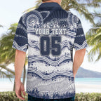 Custom Geelong Navy Hawaiian Shirt Playful Cat Kicking Ball