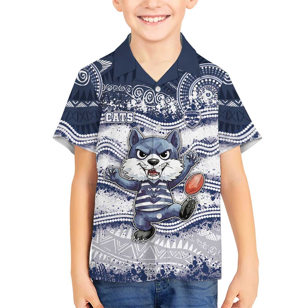 Custom Geelong Navy Hawaiian Shirt Playful Cat Kicking Ball