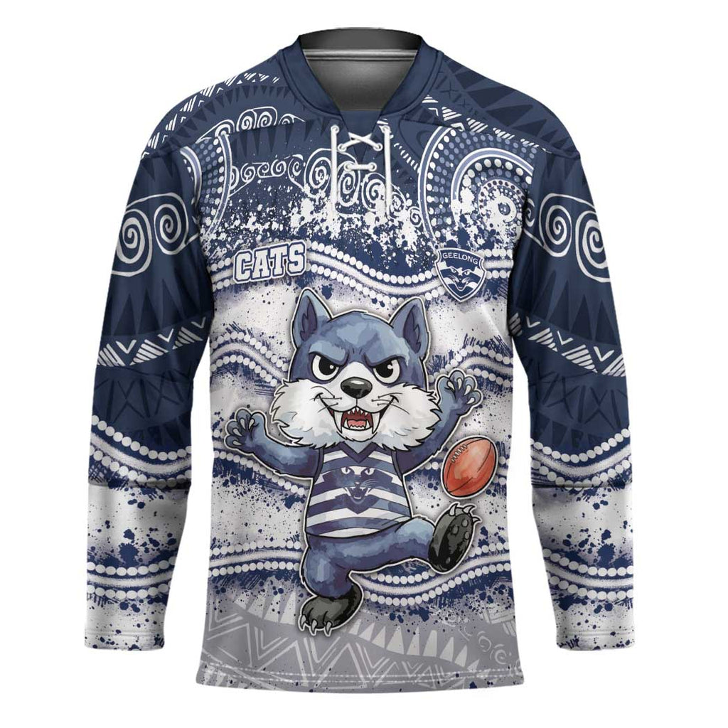 Custom Geelong Navy Hockey Jersey Playful Cat Kicking Ball