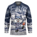 Custom Geelong Navy Hockey Jersey Playful Cat Kicking Ball