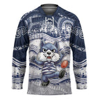 Custom Geelong Navy Hockey Jersey Playful Cat Kicking Ball