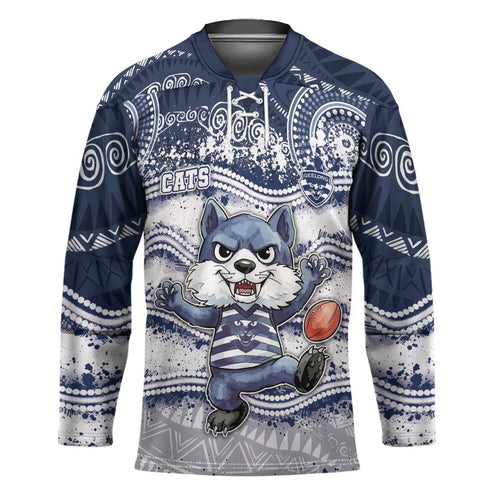 Custom Geelong Navy Hockey Jersey Playful Cat Kicking Ball