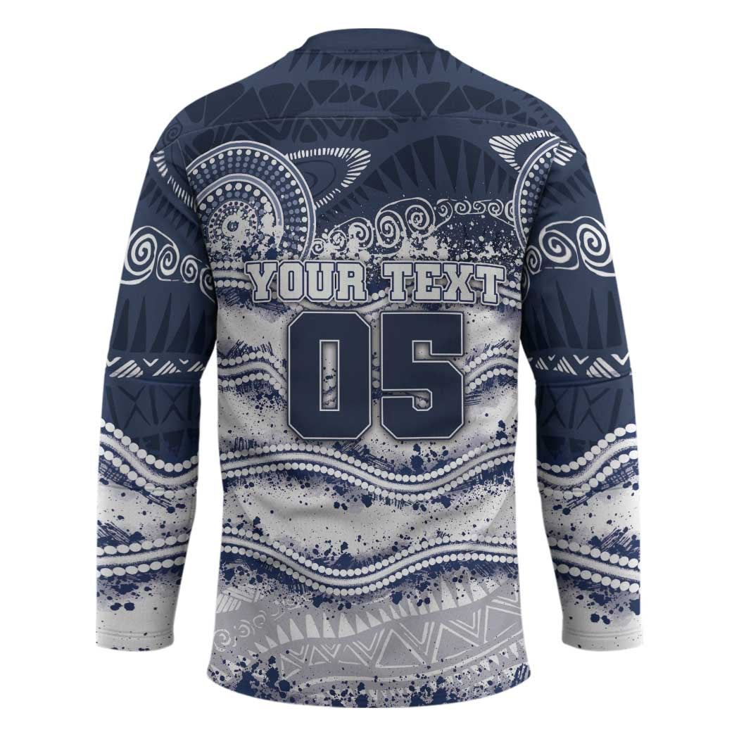 Custom Geelong Navy Hockey Jersey Playful Cat Kicking Ball