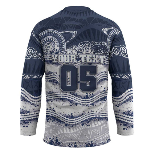 Custom Geelong Navy Hockey Jersey Playful Cat Kicking Ball