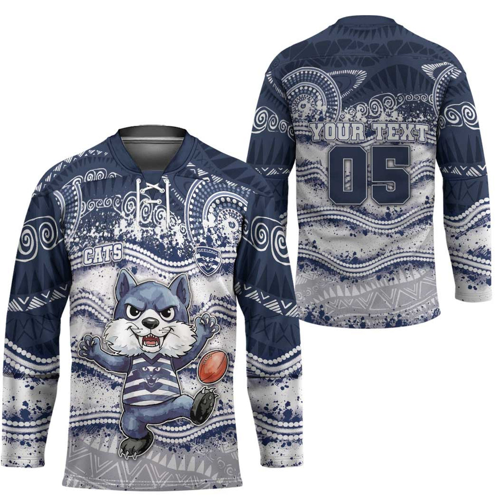 Custom Geelong Navy Hockey Jersey Playful Cat Kicking Ball