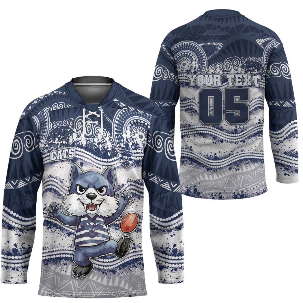Custom Geelong Navy Hockey Jersey Playful Cat Kicking Ball