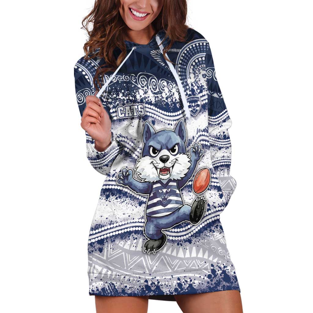 Custom Geelong Navy Hoodie Dress Playful Cat Kicking Ball