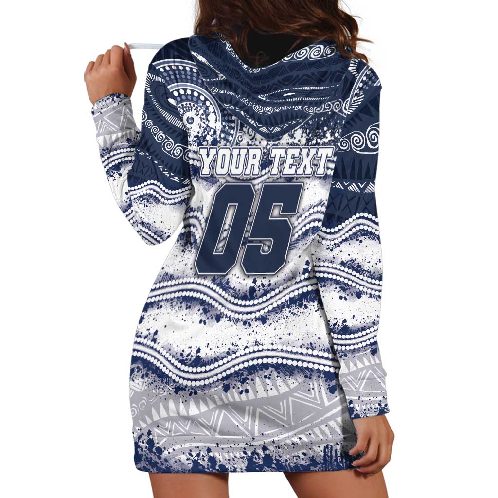 Custom Geelong Navy Hoodie Dress Playful Cat Kicking Ball