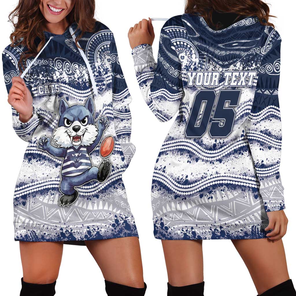 Custom Geelong Navy Hoodie Dress Playful Cat Kicking Ball