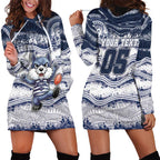 Custom Geelong Navy Hoodie Dress Playful Cat Kicking Ball