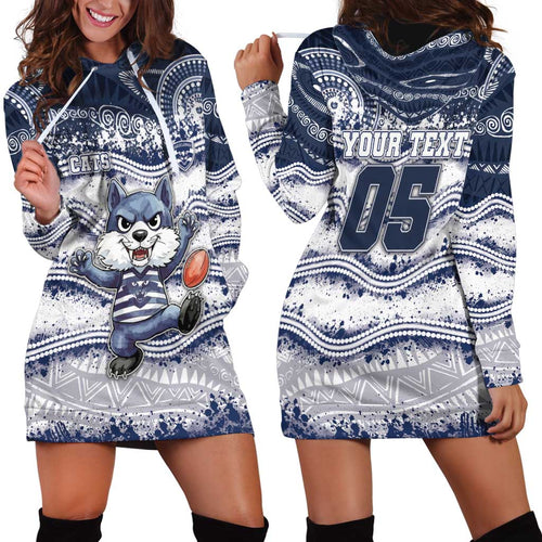 Custom Geelong Navy Hoodie Dress Playful Cat Kicking Ball