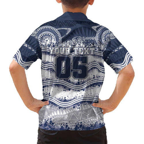 Custom Geelong Navy Kid Hawaiian Shirt Playful Cat Kicking Ball