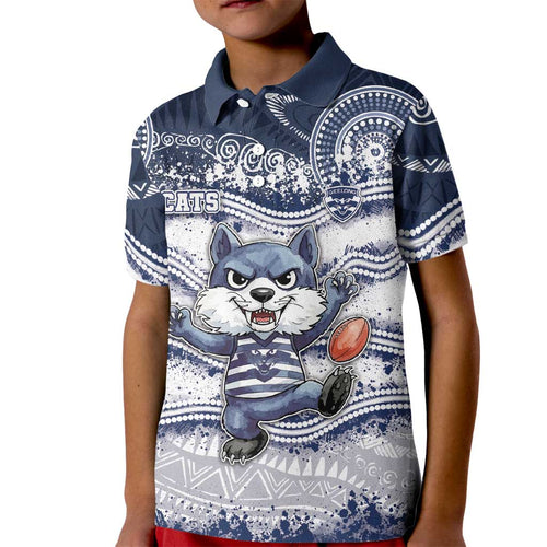 Custom Geelong Navy Kid Polo Shirt Playful Cat Kicking Ball