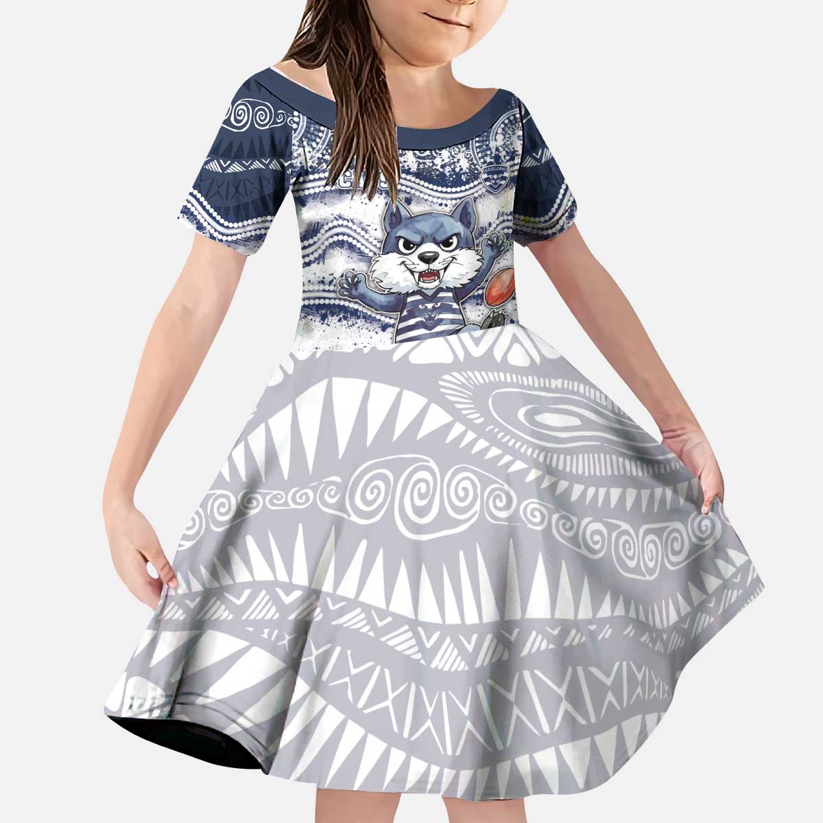 Custom Geelong Navy Kid Short Sleeve Dress Playful Cat Kicking Ball