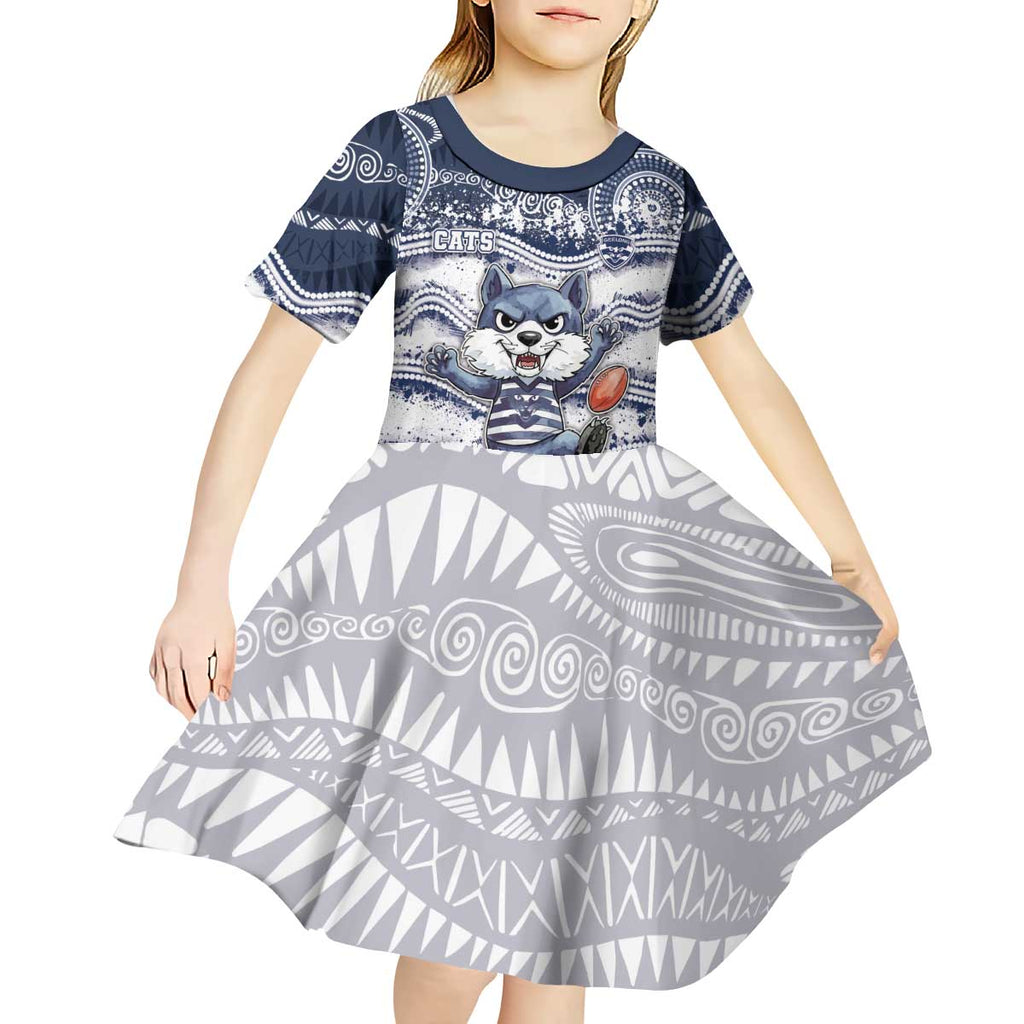 Custom Geelong Navy Kid Short Sleeve Dress Playful Cat Kicking Ball
