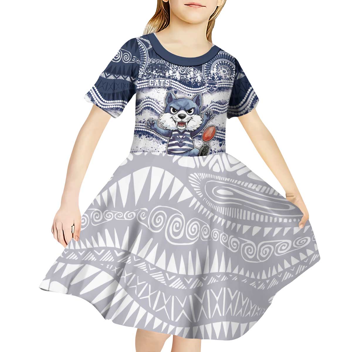 Custom Geelong Navy Kid Short Sleeve Dress Playful Cat Kicking Ball