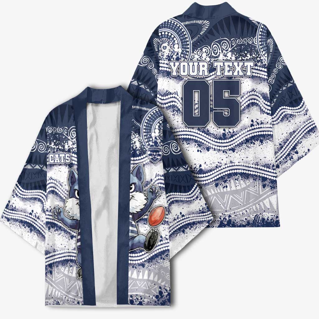 Custom Geelong Navy Kimono Playful Cat Kicking Ball