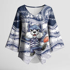 Custom Geelong Navy Kimono Sleeve Blouse Playful Cat Kicking Ball